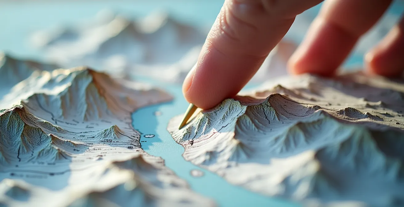 Vue aérienne 3D montrant l'analyse topographique entre un chalet et les pistes de ski