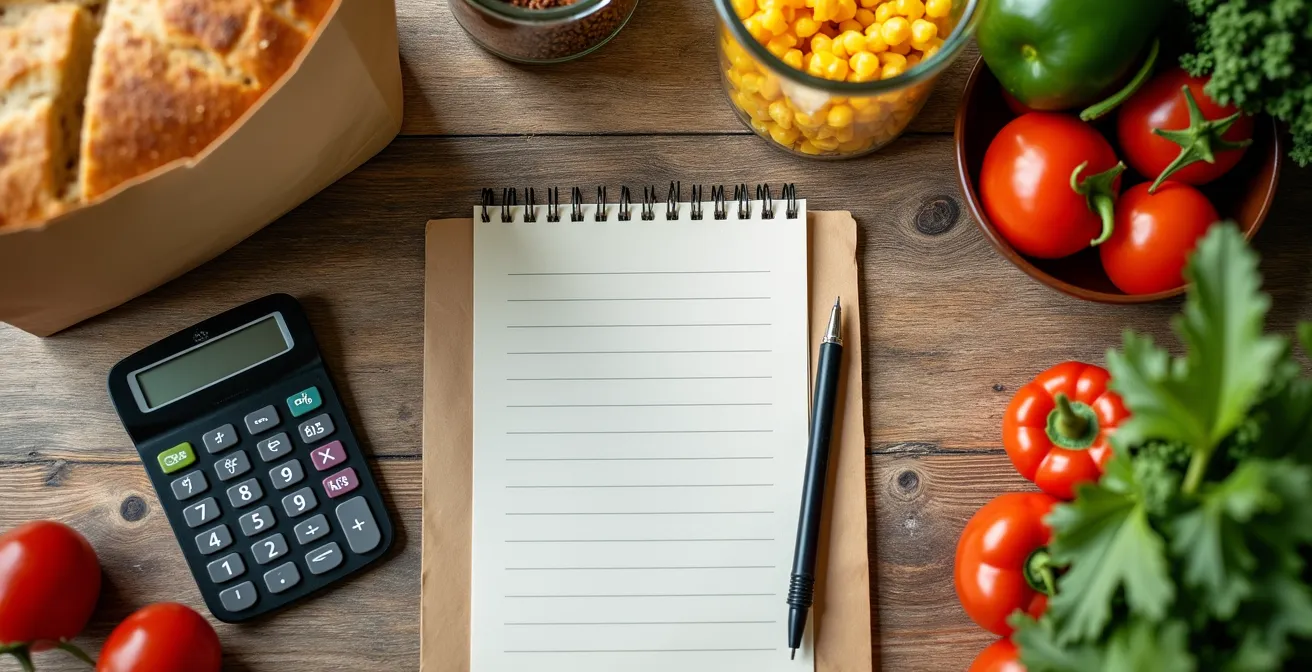 Table de cuisine de chalet avec provisions alimentaires et liste de courses