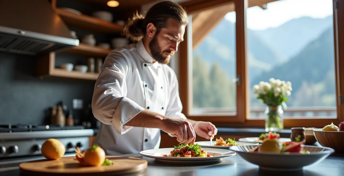 Chef professionnel préparant un repas dans la cuisine d'un chalet de luxe avec vue sur les montagnes