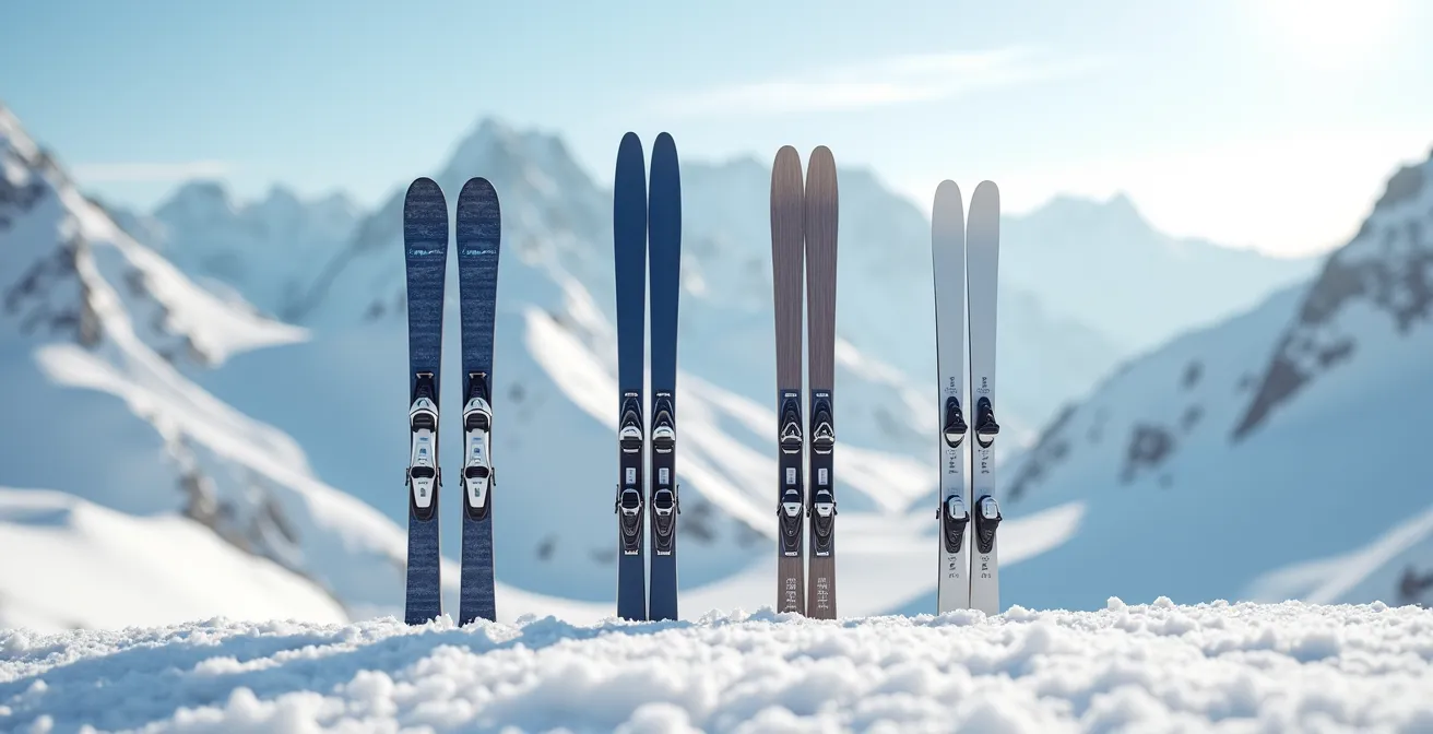 Trois paires de skis alignées représentant différentes gammes de matériel