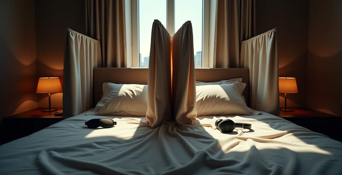 Aménagement nocturne d'un studio de montagne avec zones d'intimité