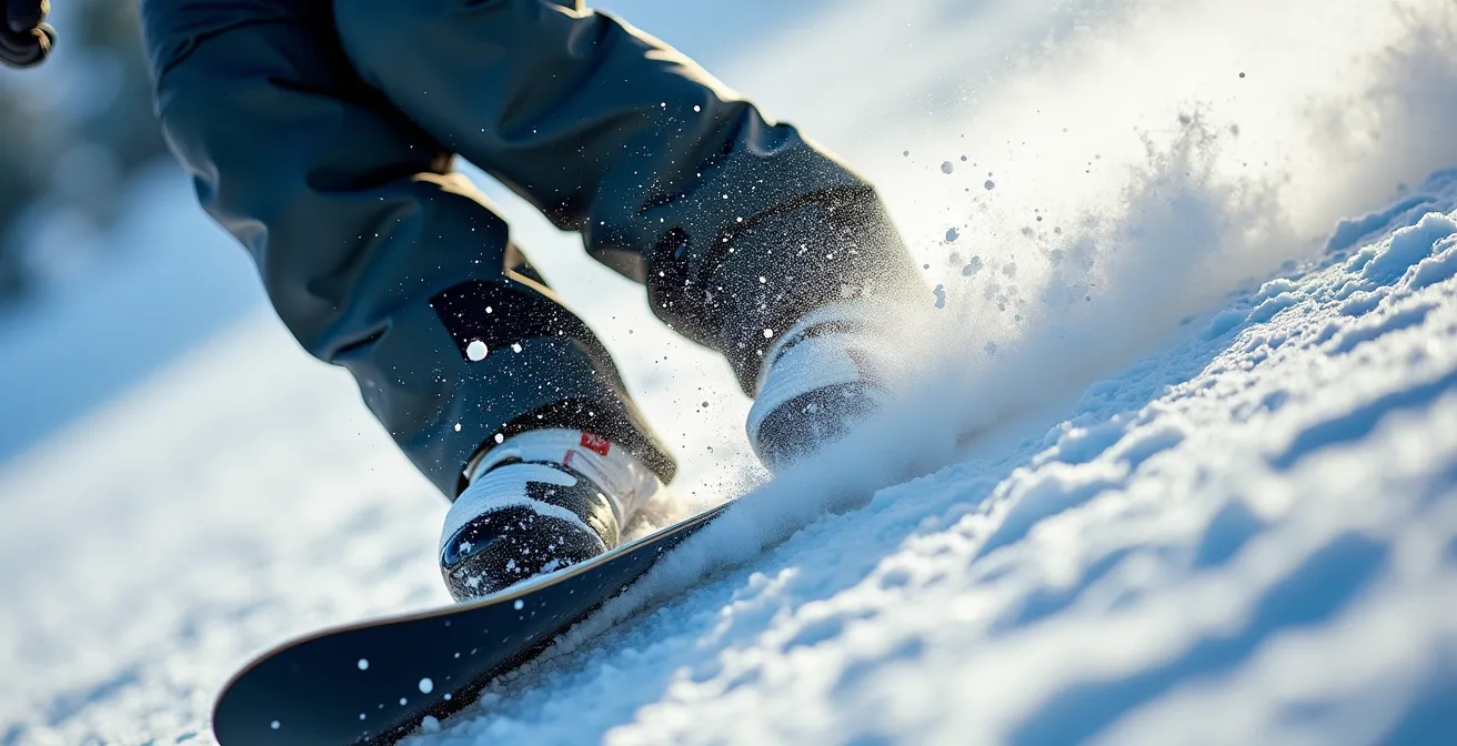 Vue macro détaillée des jambes d'un snowboarder en pleine extension lors du pumping dans la courbe du half-pipe