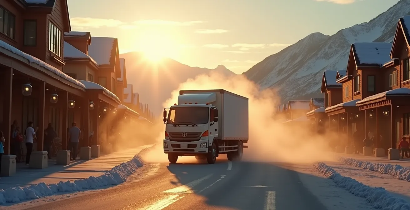 Camion de livraison garé devant des commerces de station de ski à l'aube avec montagnes en arrière-plan