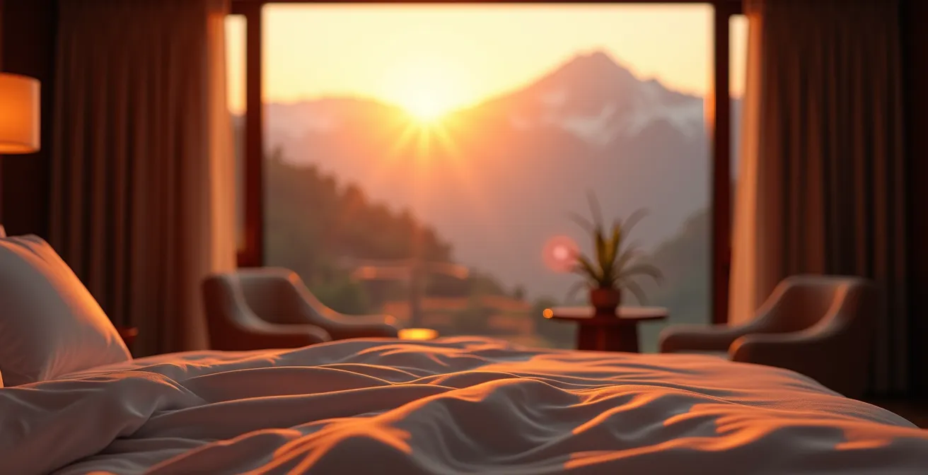 Chambre d'hôtel de luxe avec baie vitrée panoramique au lever du soleil sur les Alpes