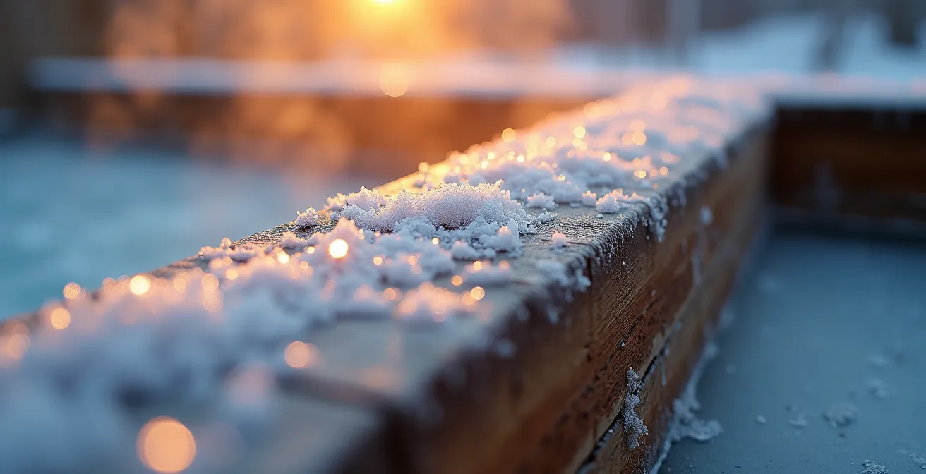 Détail macro de vapeur d'eau chaude contrastant avec cristaux de givre sur bois