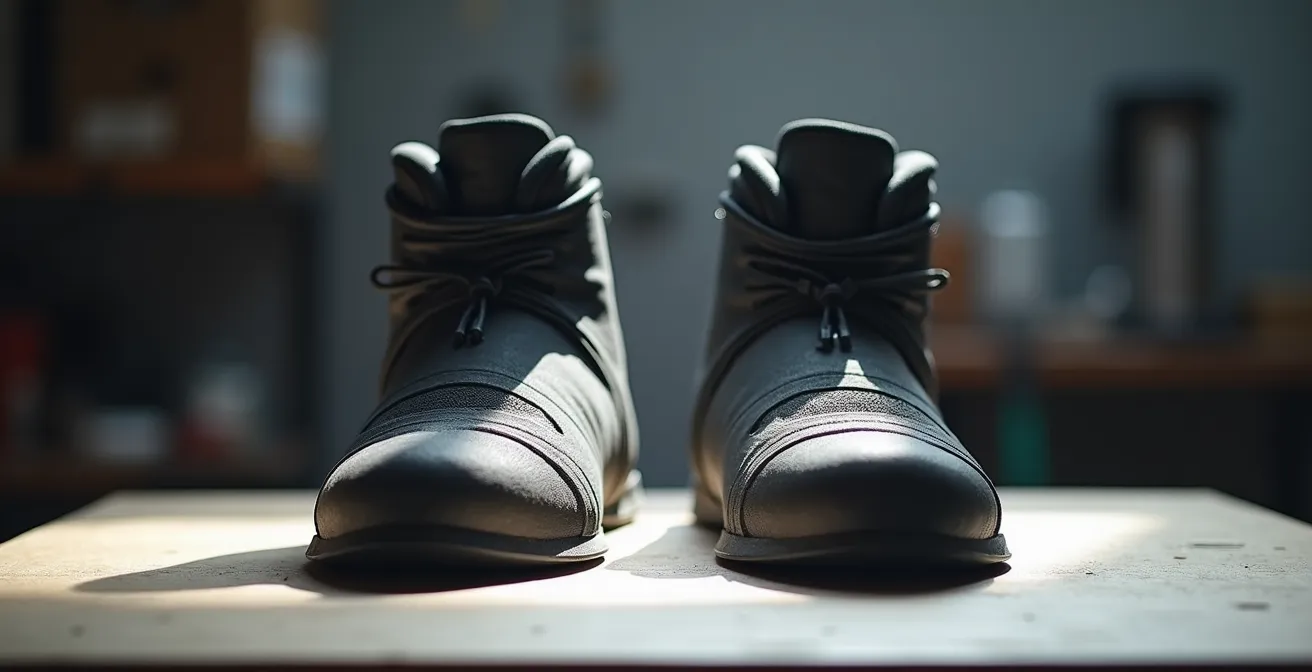 Comparaison côte à côte d'un chausson de ski neuf et d'un chausson tassé après plusieurs saisons