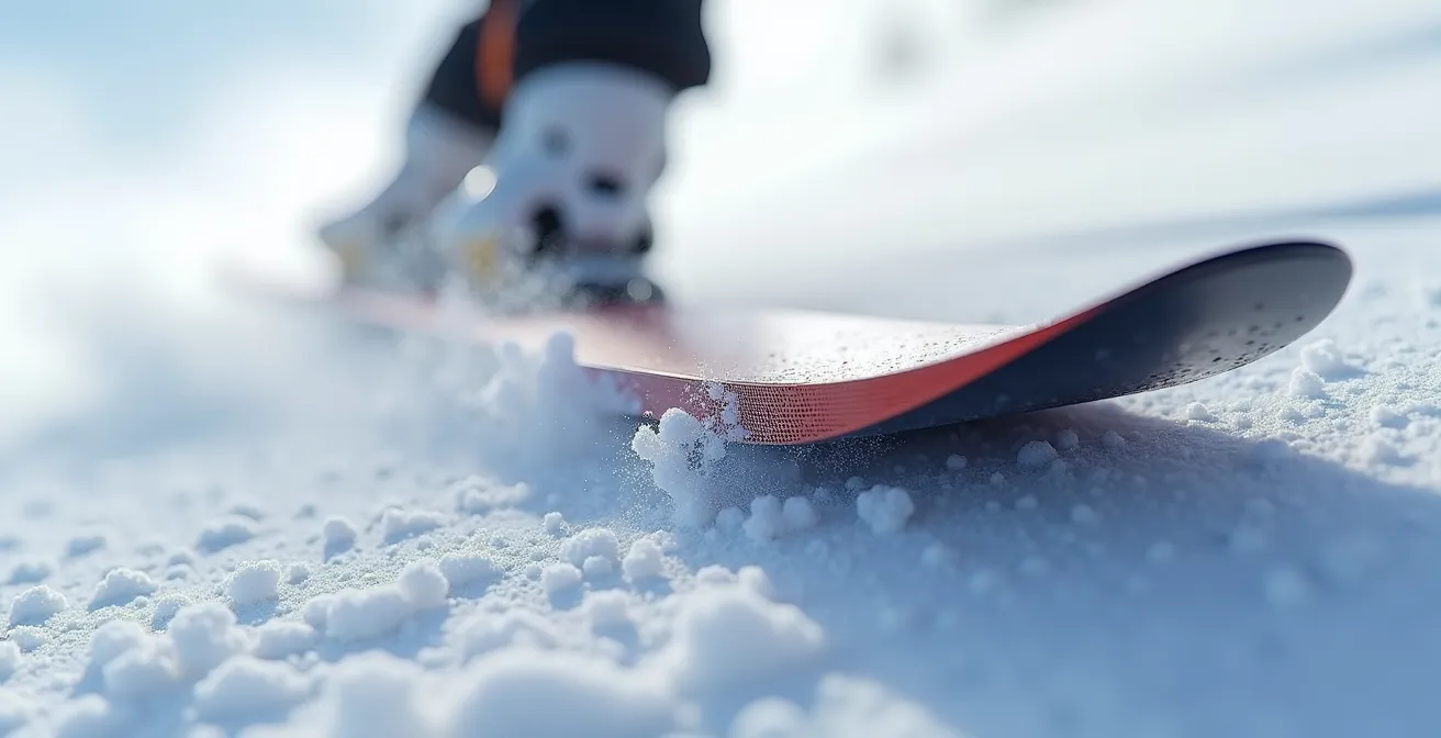 Illustration macro de la flexion d'un ski montrant l'impact de la rigidité sur l'absorption d'énergie