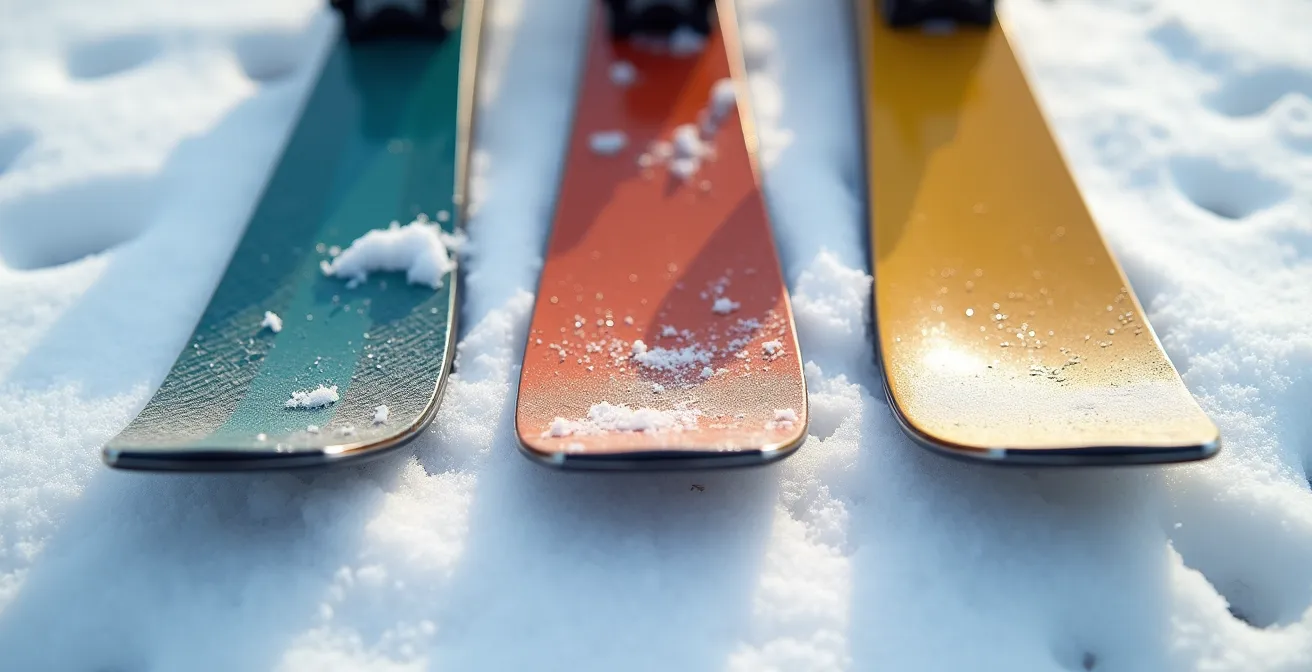 Gros plan macro sur trois semelles de skis montrant les différents systèmes anti-recul : écailles, peau et fart.
