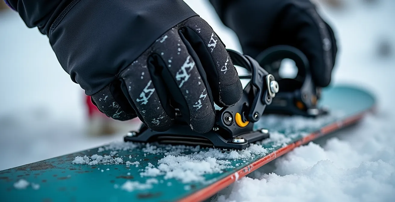 Gros plan sur un snowboarder ajustant ses fixations, concentré avant de s'élancer