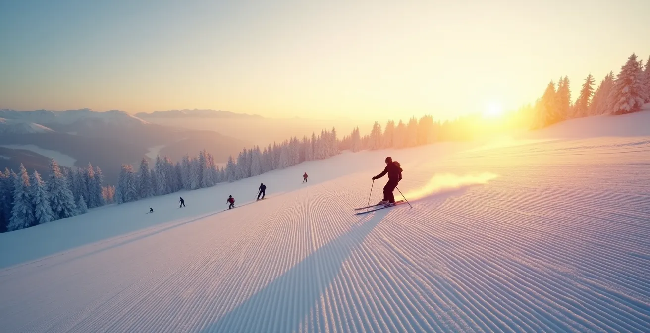 Vue large d'un groupe de skieurs sur une piste fraîchement damée au lever du soleil, créant des traces parfaites dans la neige