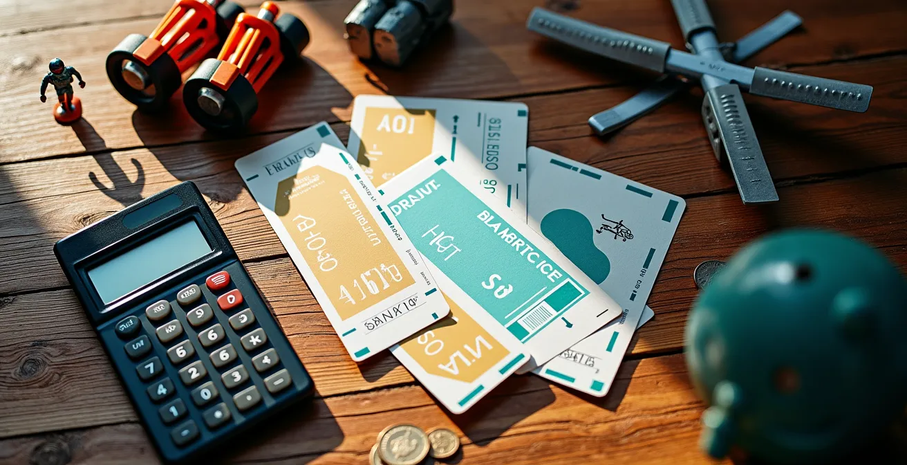 Composition symbolique montrant un billet de train et un forfait de ski avec des éléments graphiques suggérant les économies