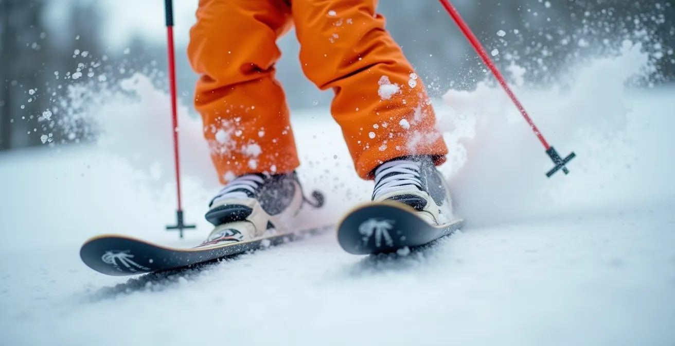 Jeune skieur démontrant la technique d'absorption sur une succession de bosses, jambes fléchies comme des amortisseurs