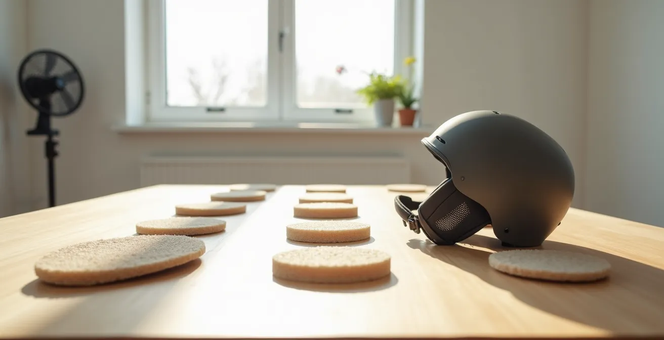 Processus de séchage correct des mousses internes d'un casque de ski