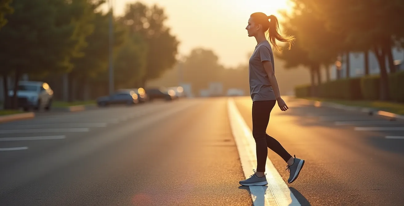 Personne s'entraînant à marcher sur une ligne tracée au sol en fixant un point à l'horizon