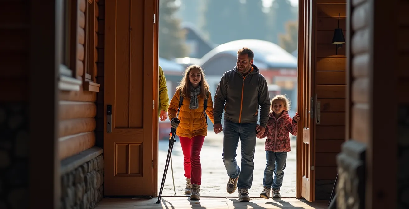 Famille sortant d'un chalet proche d'un arrêt de navette en station