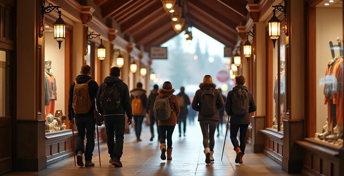 Galerie commerciale couverte d'une station de ski avec boutiques illuminées et skieurs en après-ski