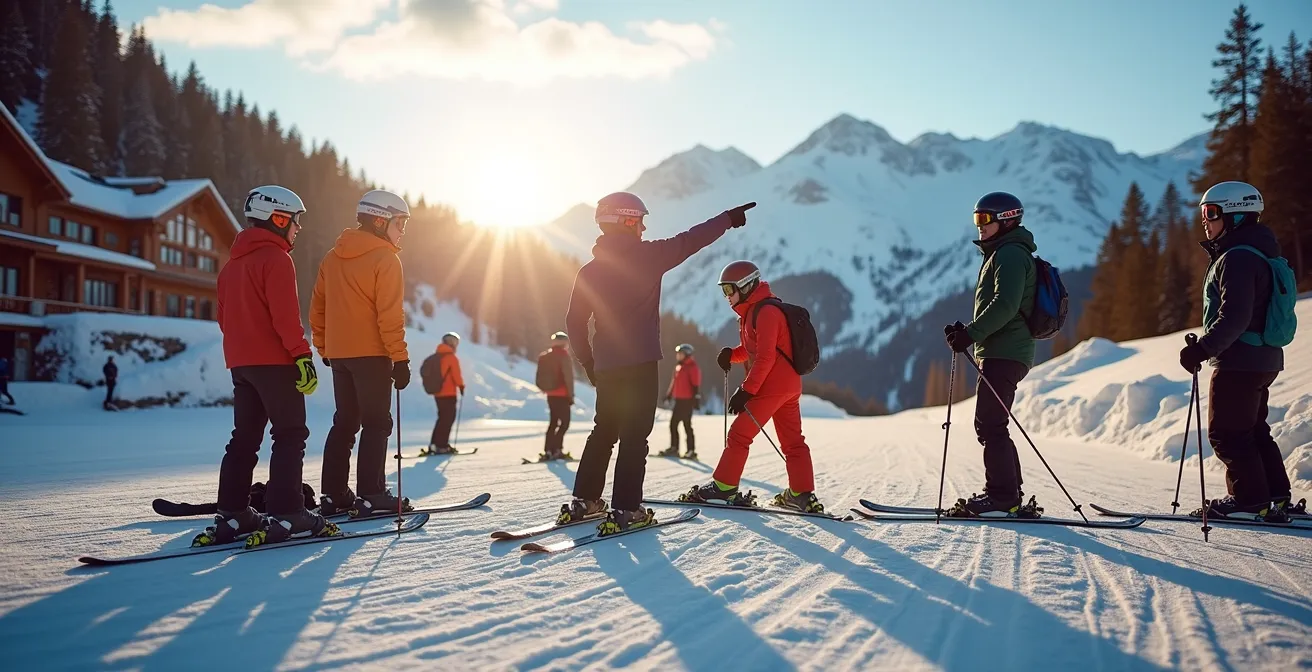Vue aérienne d'un front de neige avec plusieurs groupes de skieurs formant des cercles distincts sur la neige