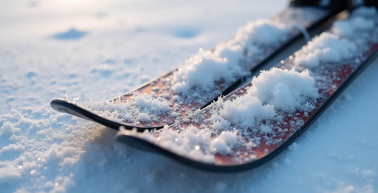 Vue macro d'une peau de phoque avec formation de givre et accumulation de neige
