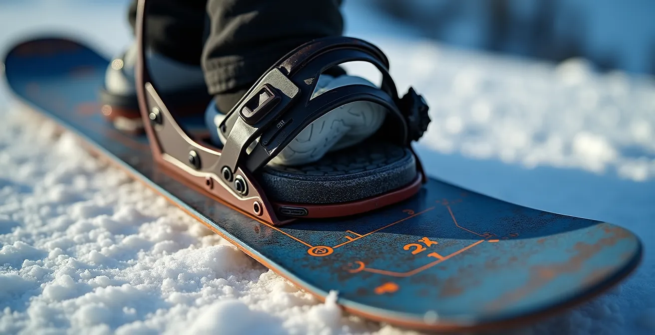 Vue macro détaillée d'un snowboard montrant l'écartement optimal des fixations