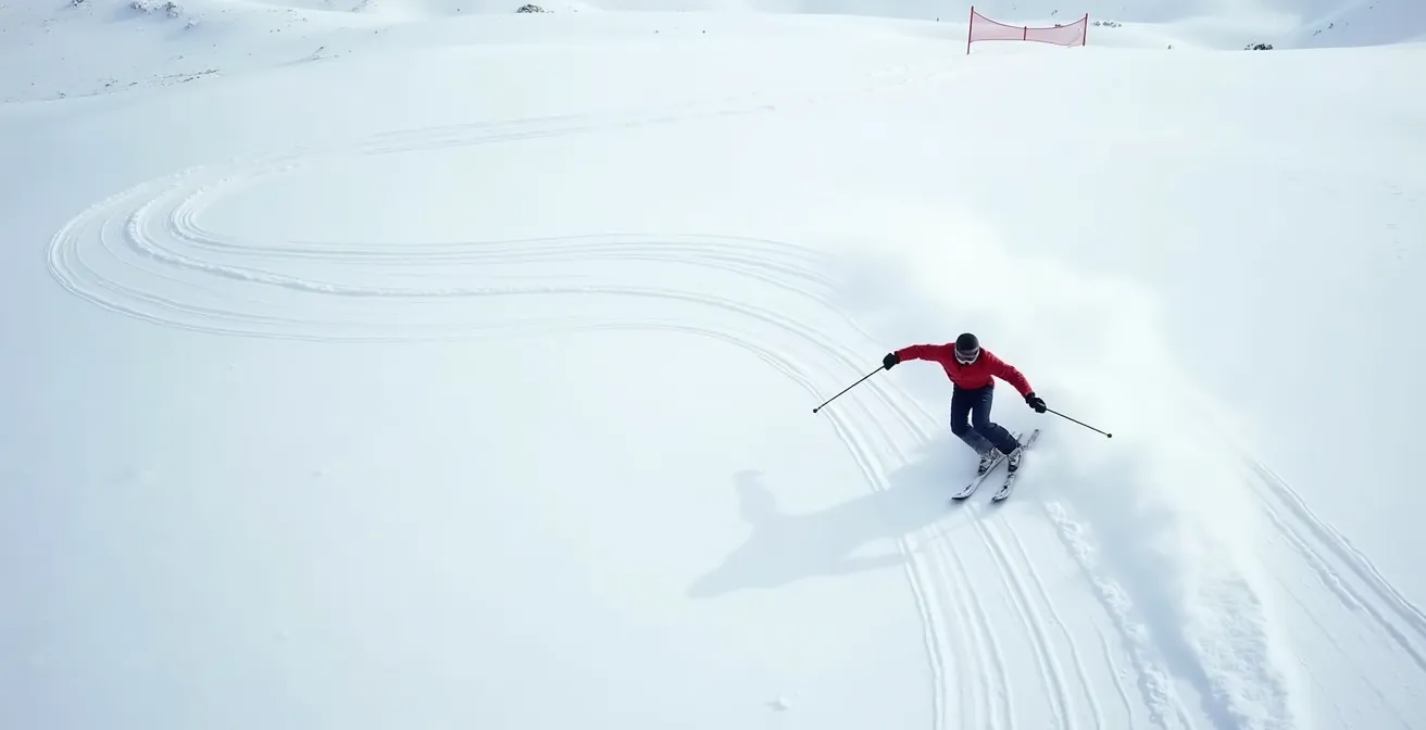 Vue aérienne d'un skieur effectuant un virage carve pour ajuster sa vitesse avant un saut
