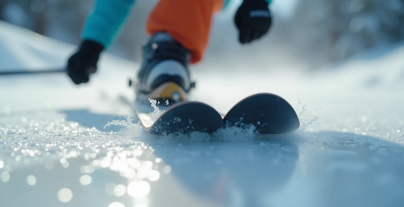 Gros plan sur les carres affûtées des skis mordant dans une plaque de glace, avec la main rassurante du moniteur visible