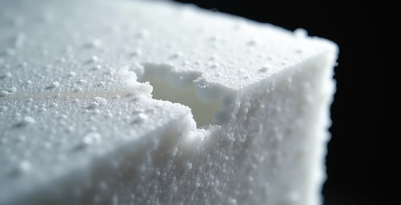 Vue microscopique de la mousse EPS d'un casque de ski après impact