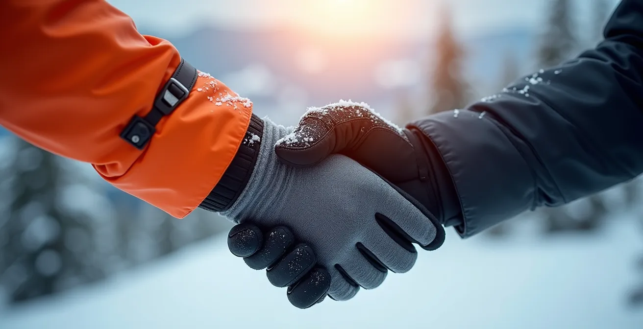 Gros plan macro sur des mains gantées qui se serrent dans un geste amical avec des cristaux de neige en détail