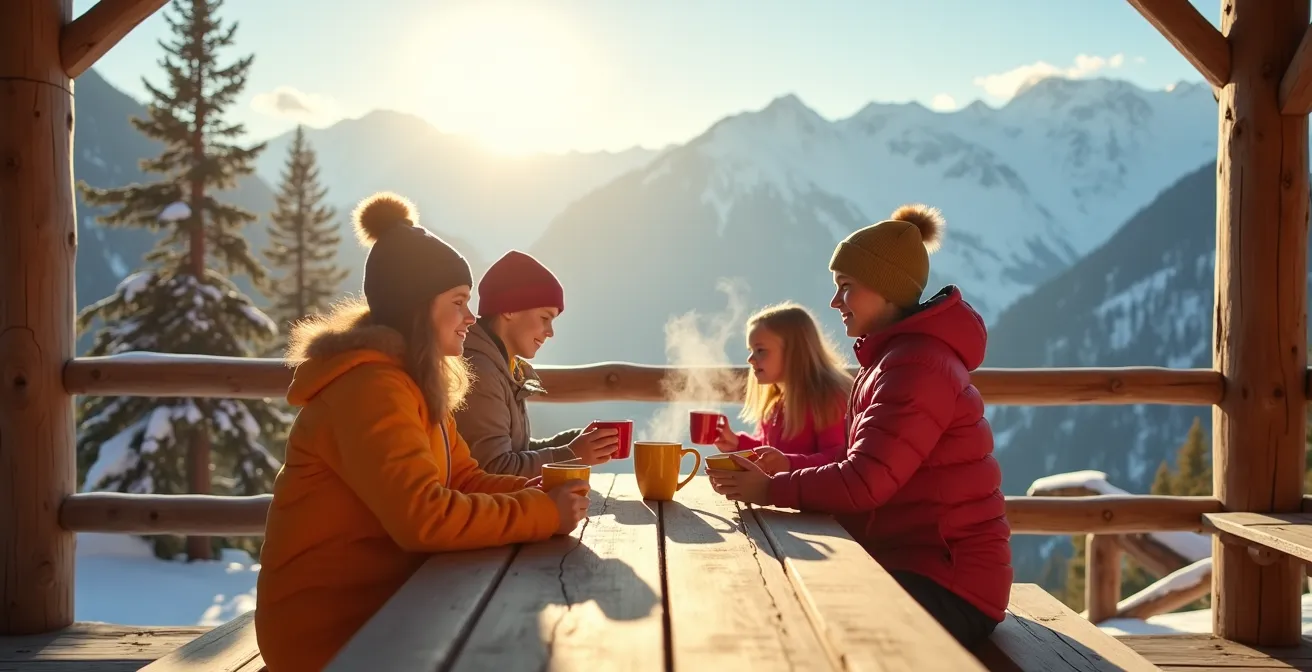 Famille en pause autour d'une table de refuge de montagne, enfants souriants avec chocolats chauds, skis posés contre la terrasse ensoleillée