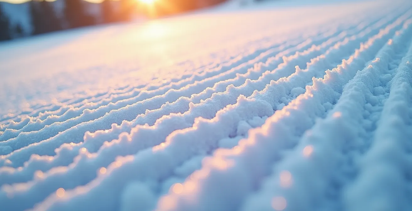 Texture de neige damée en velours côtelé éclairée par la lumière rasante du matin
