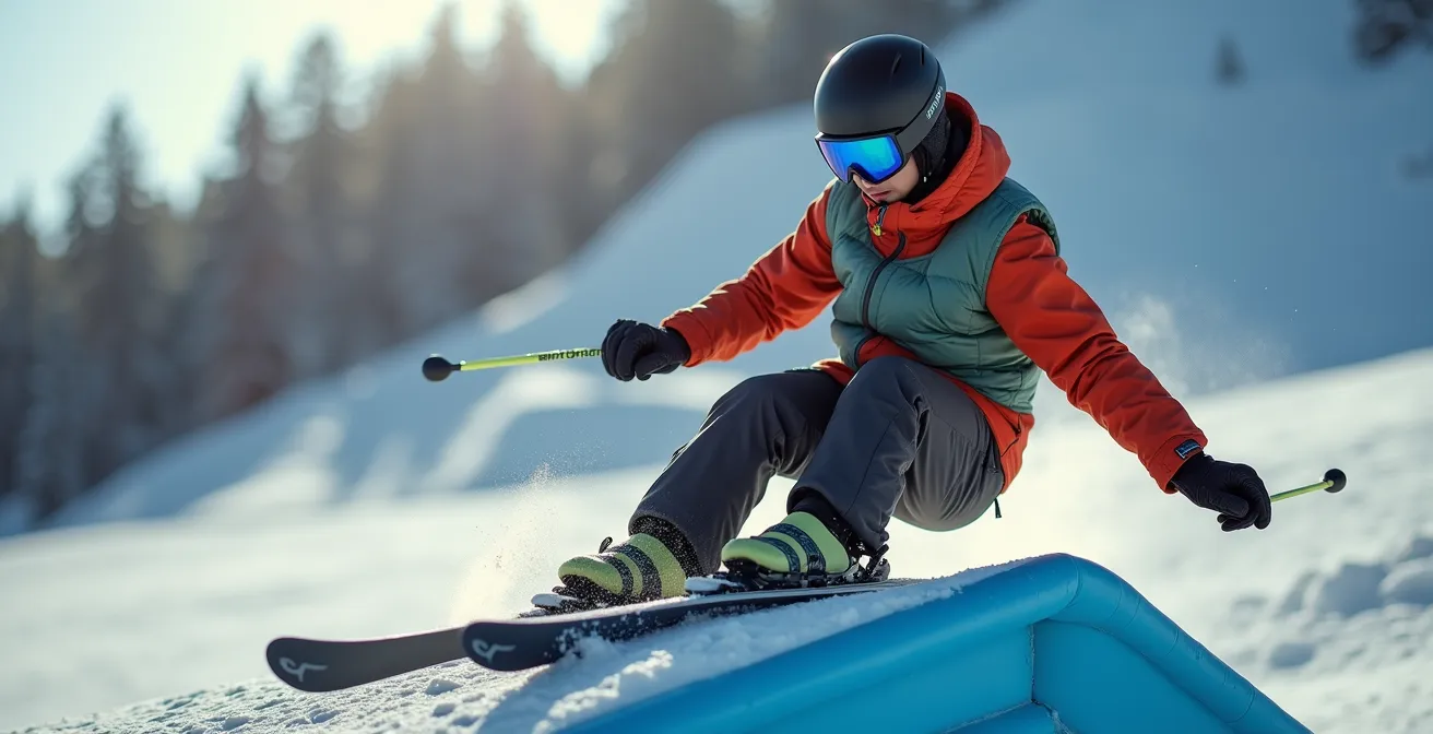 Gros plan sur la position parfaite d'un skieur sur une box, genoux fléchis et bras écartés pour l'équilibre
