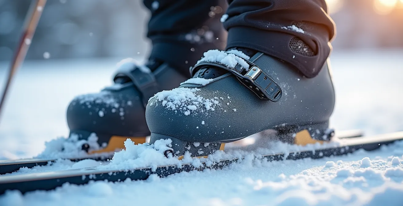 Gros plan macro sur les fixations et chaussures de ski montrant la position technique centrée idéale