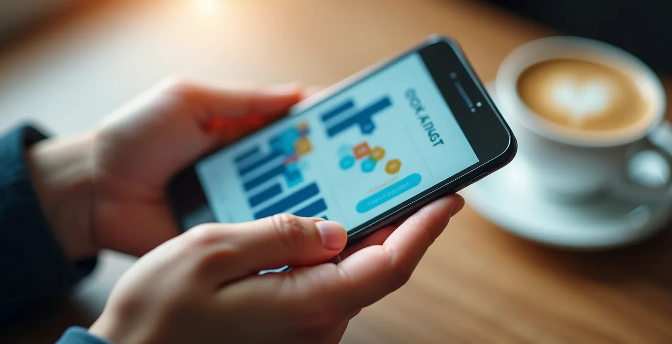 Main tenant un smartphone montrant une réservation de forfait ski avec calendrier et graphique de prix