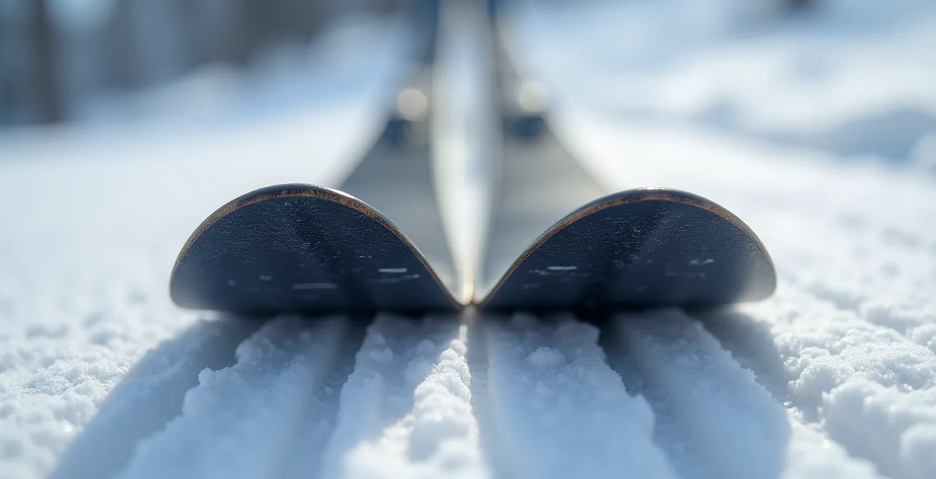 Vue de profil comparative entre un ski traditionnel et un ski avec rocker en spatule