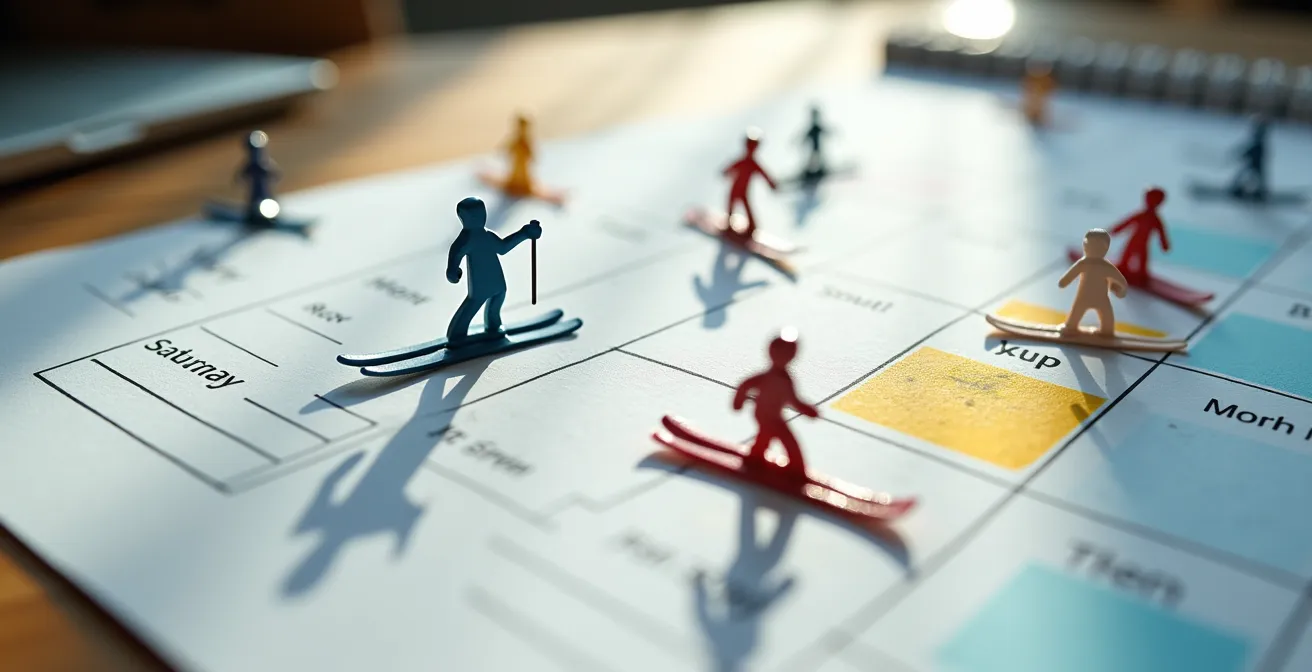 Calendrier de montagne avec marqueurs colorés montrant un séjour de 5 jours au lieu de 7, avec des éléments évoquant le train et le ski