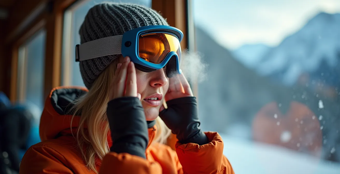 Skieur faisant l'erreur de placer son masque sur le front en transpirant