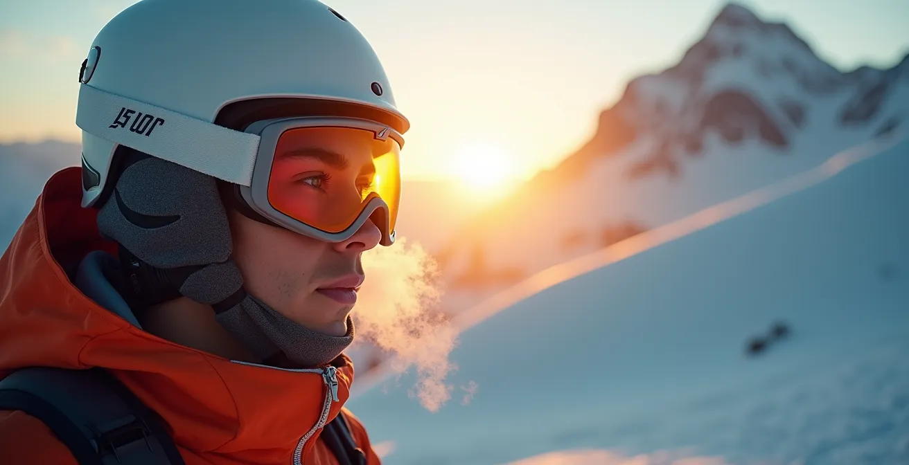 Portrait émotionnel d'un skieur contemplant le lever du soleil avant sa descente