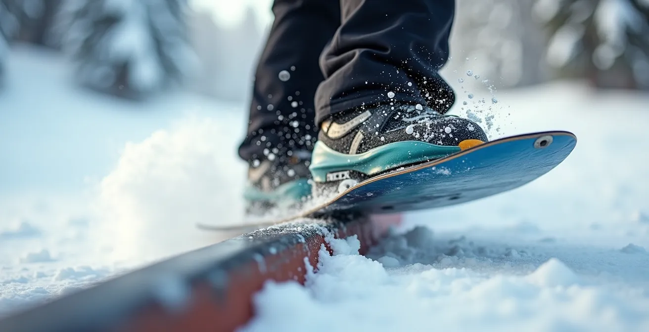 Snowboarder effectuant un ollie de sortie à la fin d'un rail en métal