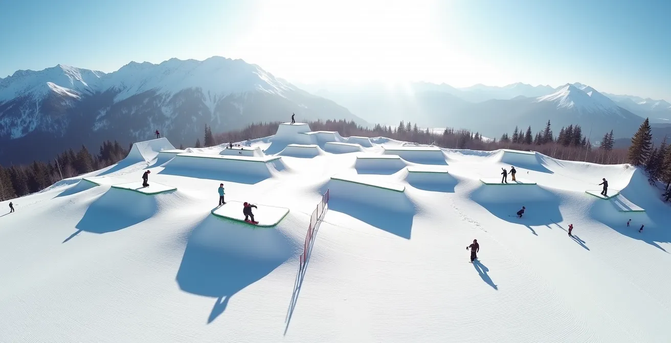 Vue large d'un snowpark baigné par la lumière zénithale créant des ombres nettes sur les modules