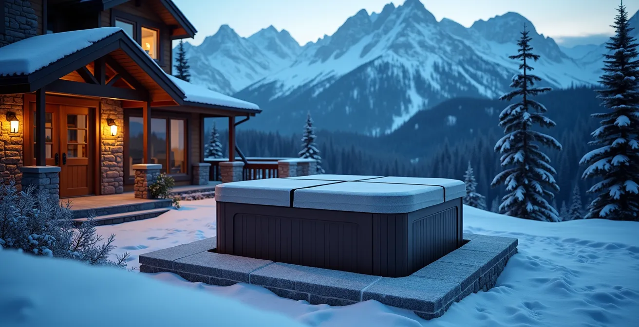 Vue large d'un spa extérieur fermé avec couvercle isolant dans jardin montagnard enneigé au crépuscule