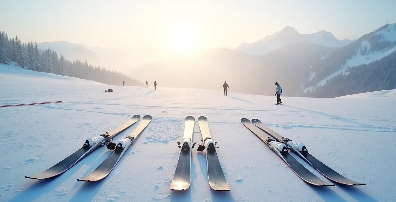 Vue environnementale d'une zone de test de skis en station avec matériel exposé