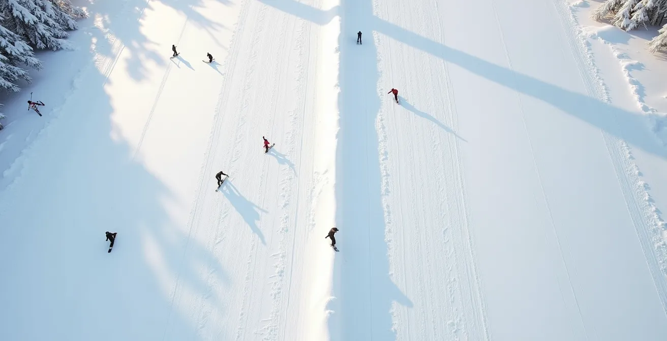 Vue aérienne minimaliste d'un snowpark avec deux traces distinctes symbolisant les deux stratégies de run