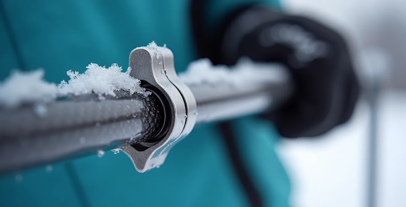 Gros plan sur un système de serrage à clip de bâton télescopique en conditions hivernales