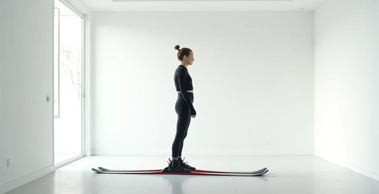 Skieur en position de flexion démontrant l'angle de cheville optimal pour évaluer le flex nécessaire