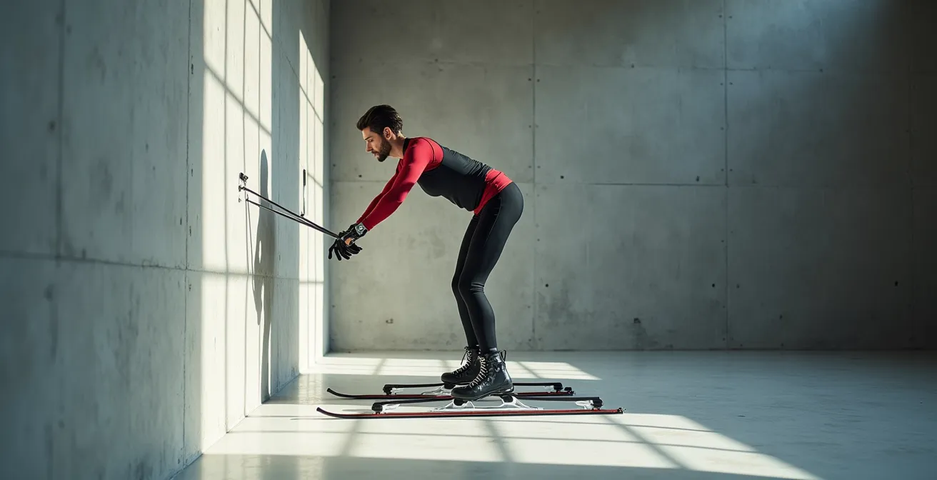 Skieur démontrant la position optimale de puissance contre un mur pour calibrer sa posture