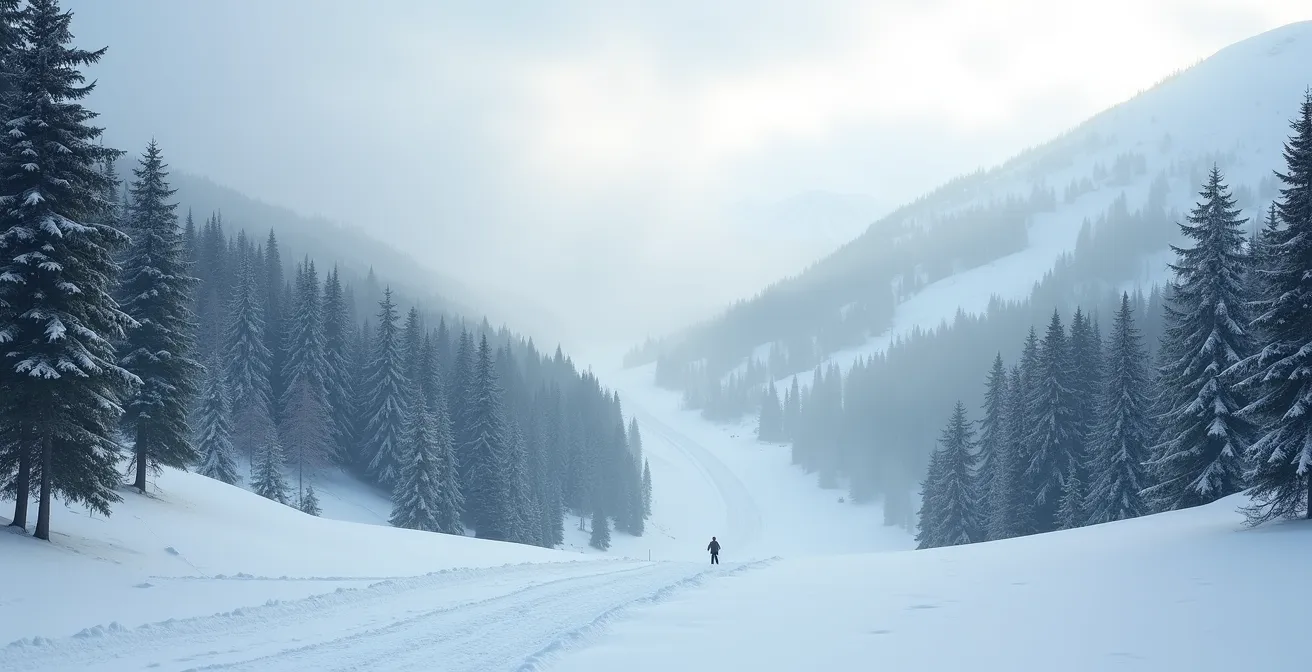 Habitat hivernal du tétras-lyre dans une forêt de montagne avec traces de ski au loin