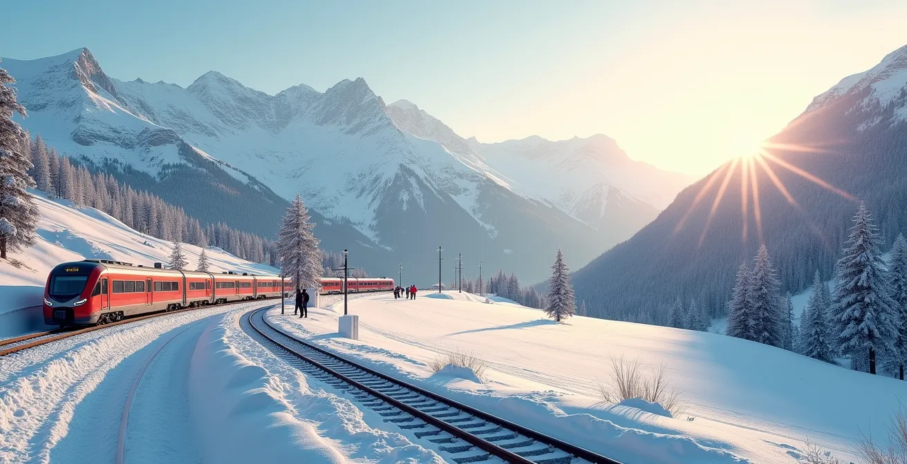 Train traversant un paysage de montagne enneigé avec des skieurs attendant sur le quai d'une petite gare.