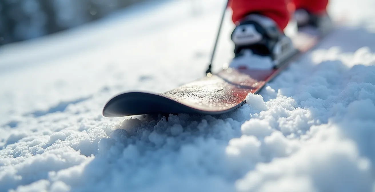 Vue macro sur les skis au moment précis de la transition entre la surface plastique et la neige