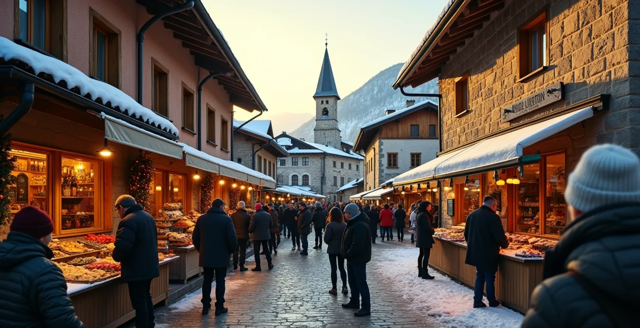 Village de montagne traditionnel avec chalets en bois et pierre, marché local animé en fin d'après-midi